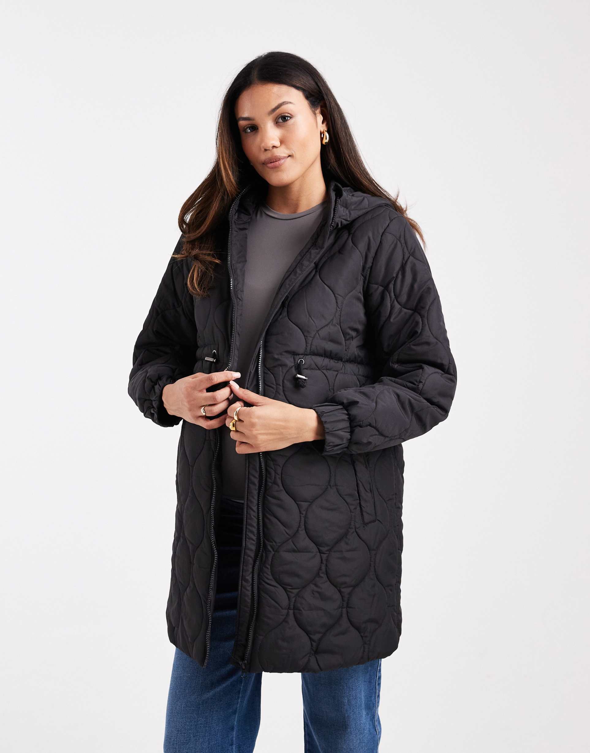 mamalicious maternity 3-in-1 onion quilted jacket with removable front in black