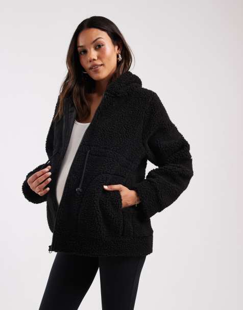 Mamalicious maternity 3-in-1 teddy jacket with removable front hooded baby attachment in black - view 1