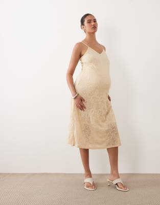 Mamalicious Maternity all-over lace cami strap midi dress in cream-White