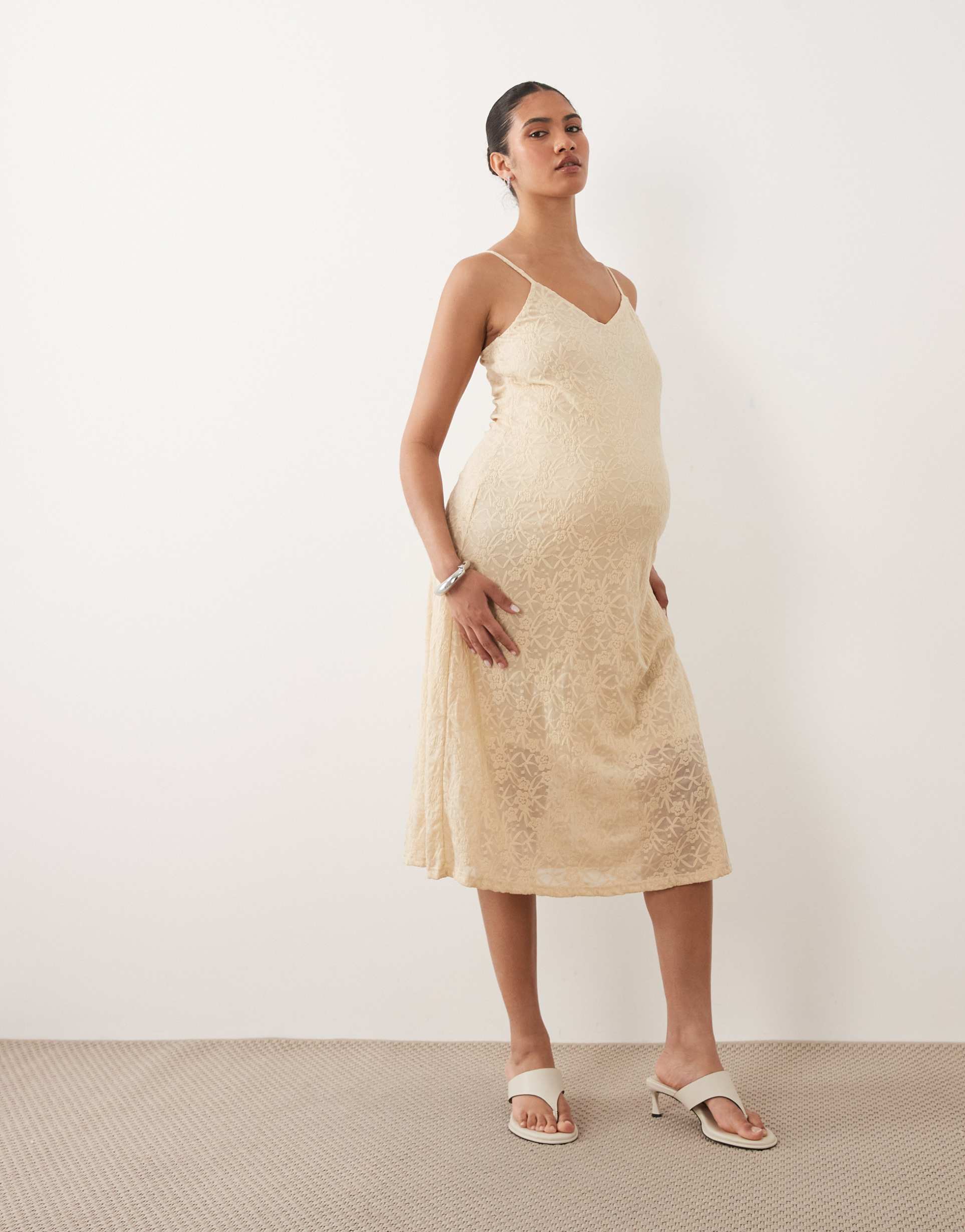 mamalicious maternity all-over lace cami strap midi dress in cream