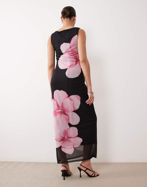 Mamalicious Maternity – Ärmelloses Midikleid aus Netzstoff in Schwarz mit Blumenmuster, 3 von 4