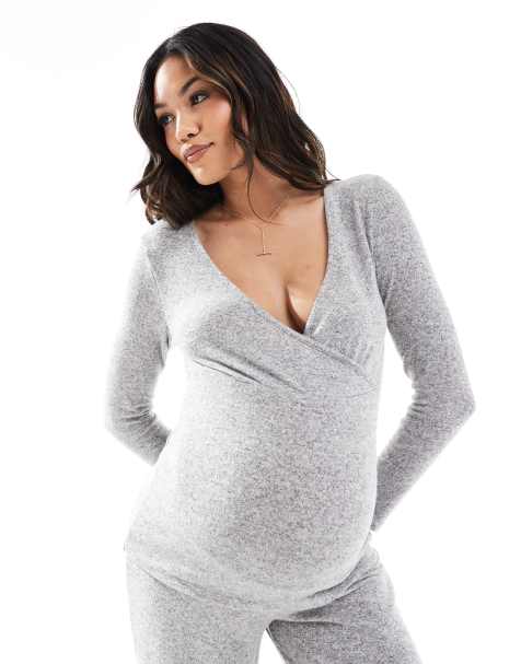 Mamalicious Maternity supersoft wrap top co-ord in light grey melange