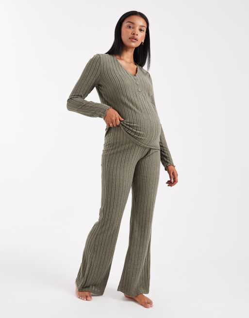 Mamalicious Maternity – Bardzo miękkie dzwony z prążkowanej dzianiny w kolorze khaki, część zestawu