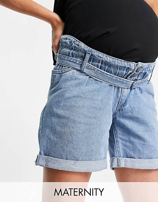 Mamalicious Maternity belted denim shorts in blue | ASOS