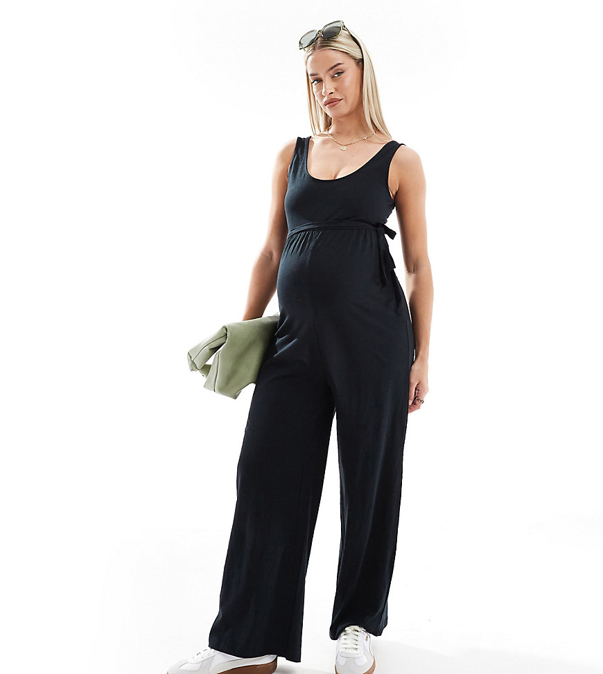 Mama.licious Mamalicious Maternity Belted Jersey Jumpsuit With Wide Leg In Black