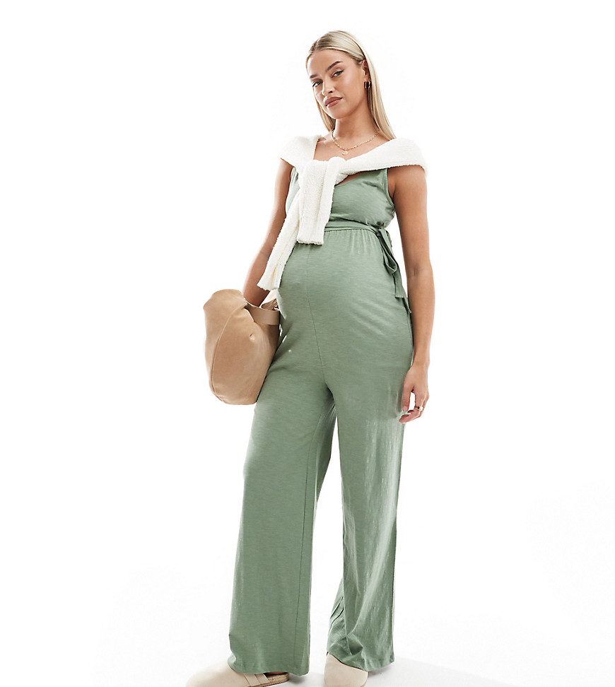 Mama.licious Mamalicious Maternity Belted Jersey Jumpsuit With Wide Leg In Sage Green