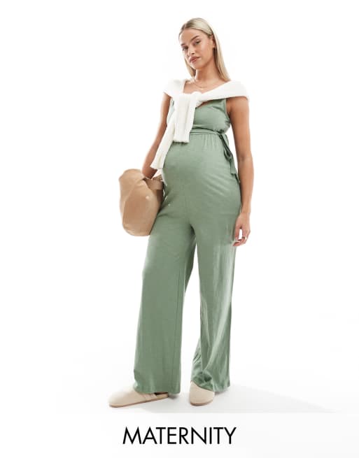 Mamalicious Maternity belted jersey jumpsuit with wide leg in sage green