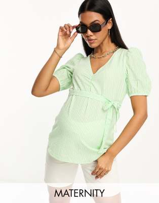 Mamalicious Maternity belted v neck seersucker top in green and white stripe