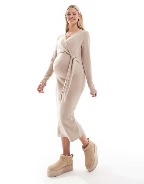 Mamalicious Maternity – Beżowa dzianinowa sukienka maxi z węzłem z przodu - view 1