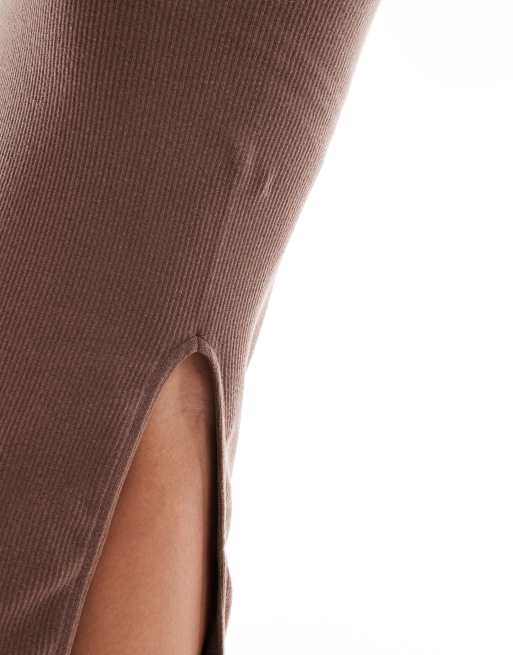 Mamalicious Maternity - Blød og ribstrikket maxinederdel med stretch og sideslids i brun, 2 af 5