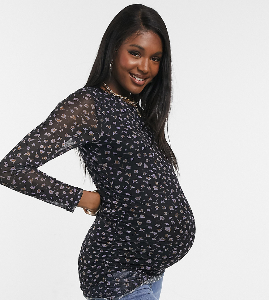 Mamalicious Maternity blouse with mesh overlay in black ditsy floral-Multi