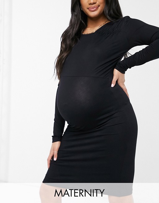 Mamalicious Maternity bodycon midi dress with drape detail in black