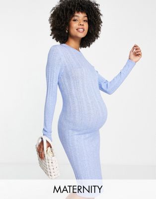 Mamalicious Maternity bodycon midi dress with long sleeves in light blue