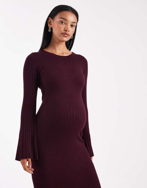 Mamalicious Maternity - Bordeaux ribstrikket midikjole med bindebånd i taljen, 2 af 4