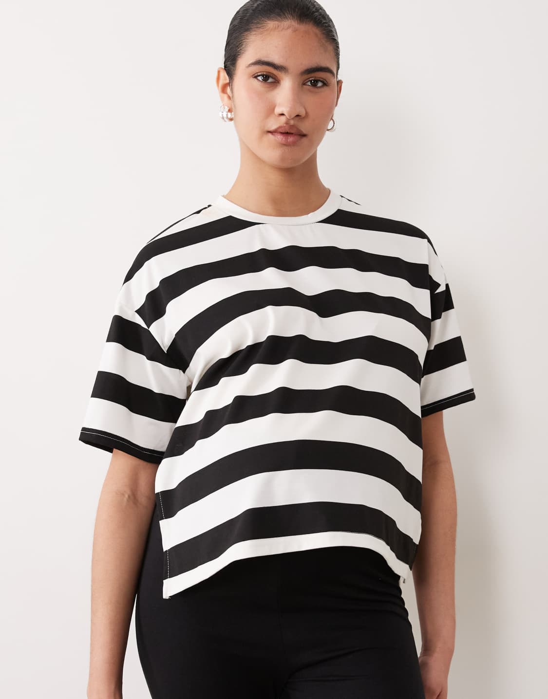 ASOS Mamalicious Maternity boxy cropped split side T-shirt in wide black and cream stripes