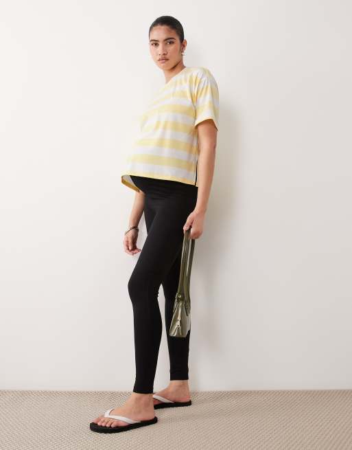 Mamalicious Maternity boxy cropped split side t-shirt in wide yellow and cream stripe, 2 of 4