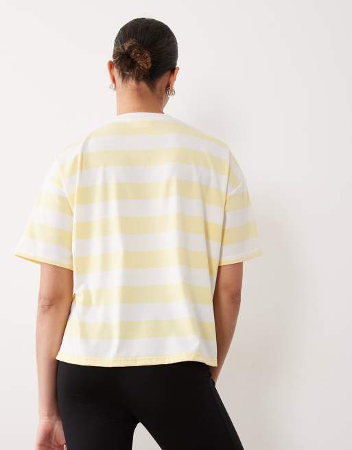 Mamalicious Maternity boxy cropped split side t-shirt in wide yellow and cream stripe, 4 of 4