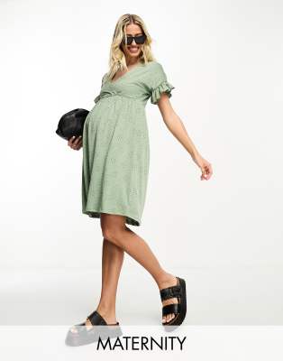 Mama.Licious Maternity broderie mini dress with frill sleeve in sage-Green