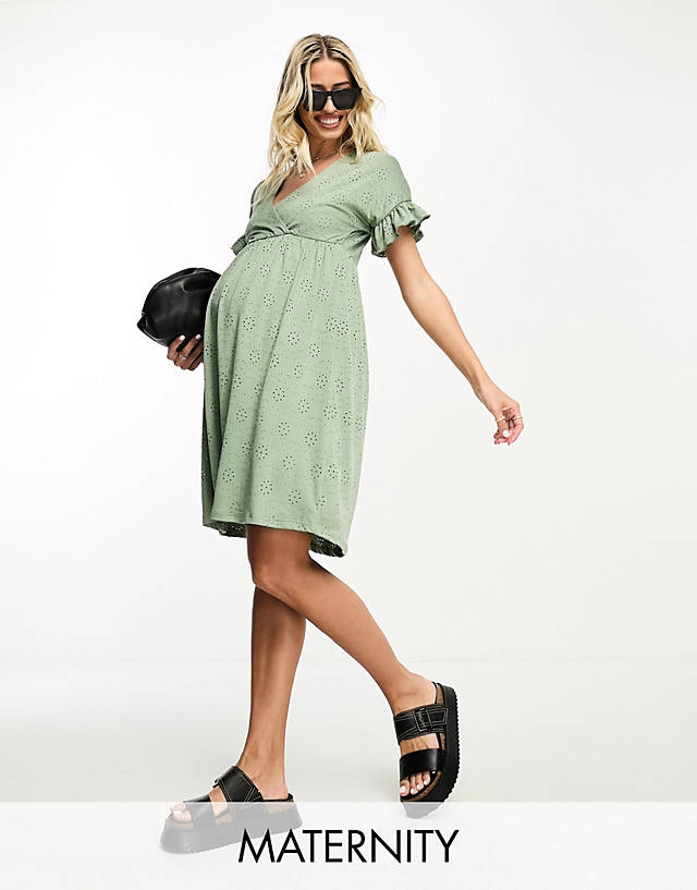Mama.licious - Mamalicious Maternity broderie mini dress with frill sleeve in sage