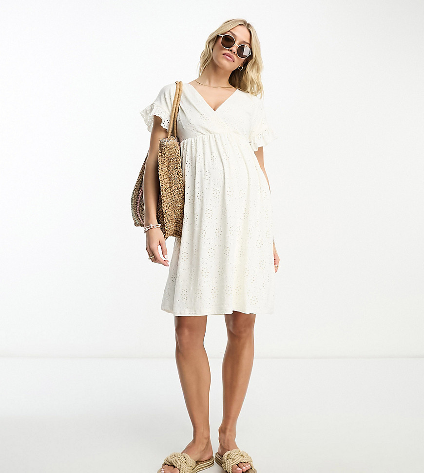 Mama.licious Mamalicious Maternity Broderie Mini Dress With Frill Sleeves In White