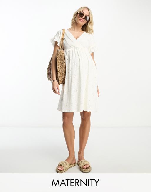 Mamalicious Maternity broderie mini dress with frill sleeves in white