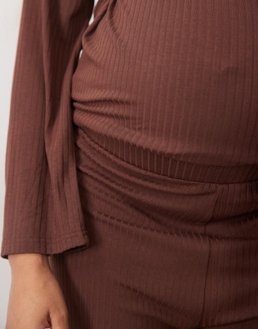 Mamalicious Maternity bukser i ribbet jersey med brede ben i rustbrun, 4 af 5