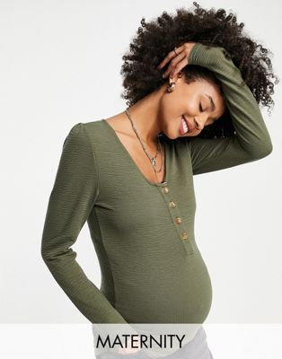 Mamalicious Maternity button front long sleeve top in olive green