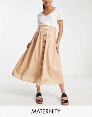Mamalicious Maternity button front midi skirt in beige