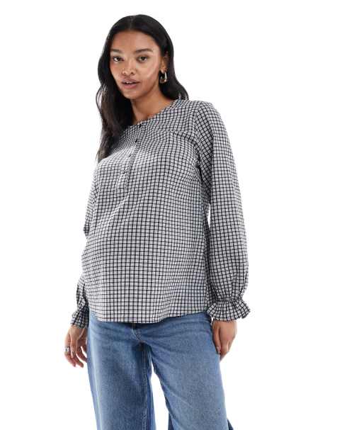 Mamalicious Maternity button front nursing friendly blouse in mini plaid print - view 1