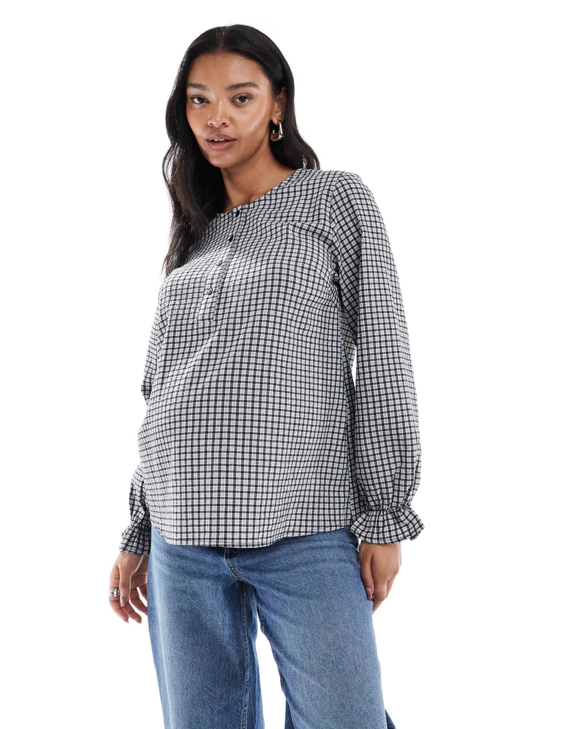 mamalicious maternity button front nursing friendly blouse in mini plaid print