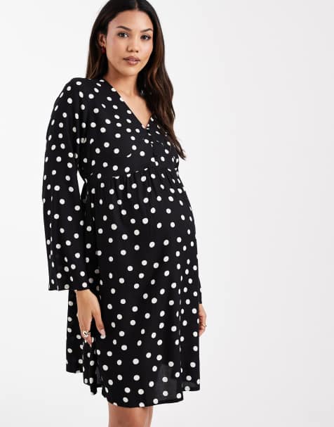 Mamalicious Maternity button front nursing friendly mini dress in black polka dot print - view 1