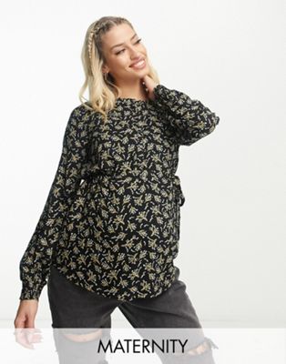 Maternity button front printed shirt in black