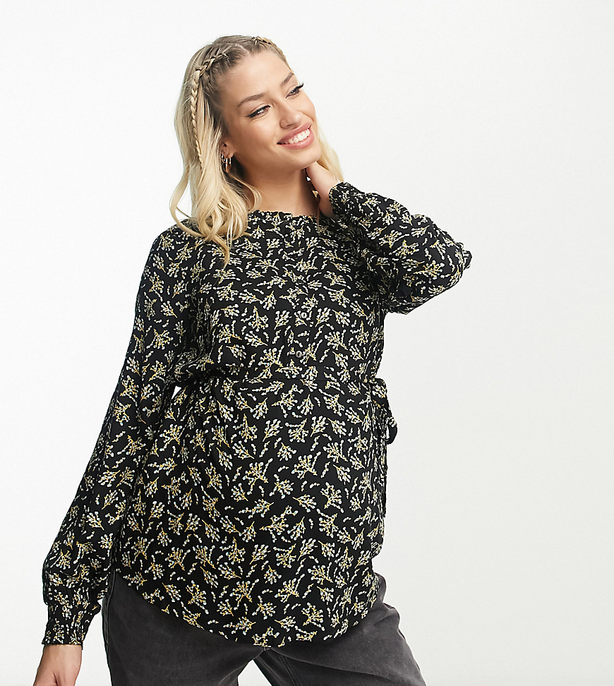 Mama. licious Maternity button front printed shirt in black