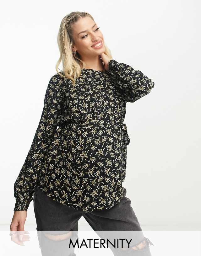 Mama.licious Maternity button front printed shirt in black