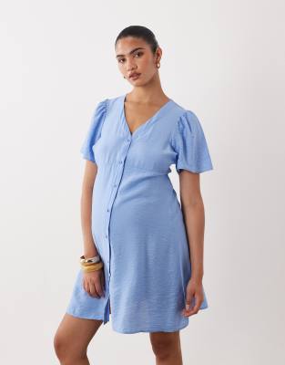 Mama.licious Mamalicious Maternity Button Front Tie Waist Mini Dress In Blue