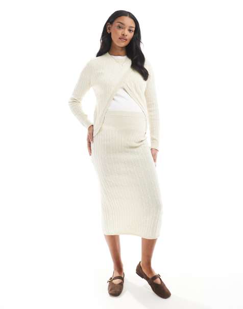 Mamalicious Maternity cable knit midi skirt co-ord in cream melange - view 1