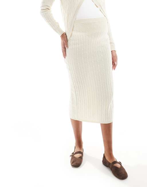 Mamalicious Maternity cable knit midi skirt in cream melange