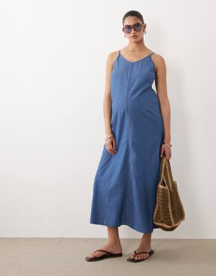 Mama.licious Mamalicious Maternity Cami Strap Chambray Denim Midi Dress In Blue