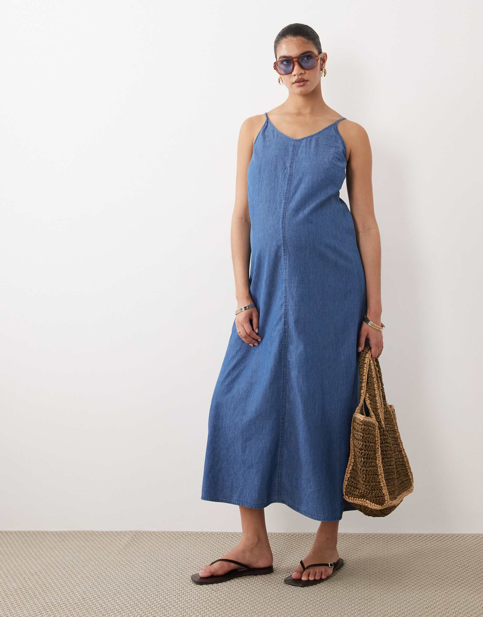 mamalicious maternity cami strap chambray denim midi dress in medium blue wash