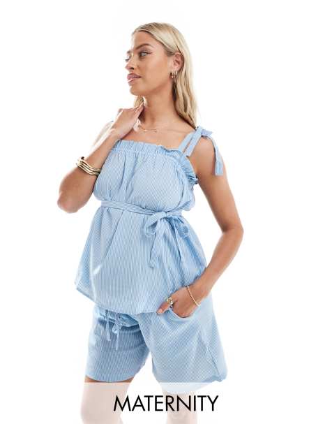 Mamalicious Maternity – Camisole-Oberteil in Blau gestreift mit Bindeträgern, Kombiteil - view 1