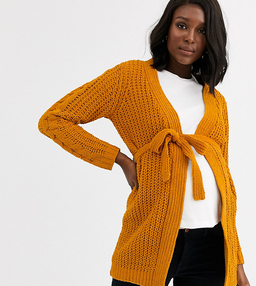 Mamalicious Maternity chunky knit cardigan with belted waist in mustard-Yellow