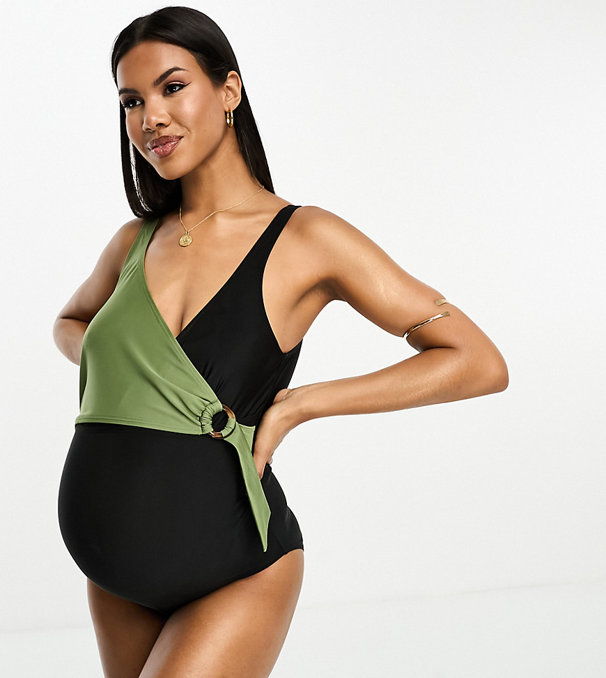 Mamalicious Maternity colourblock belted swimsuit in black and khaki-Multi