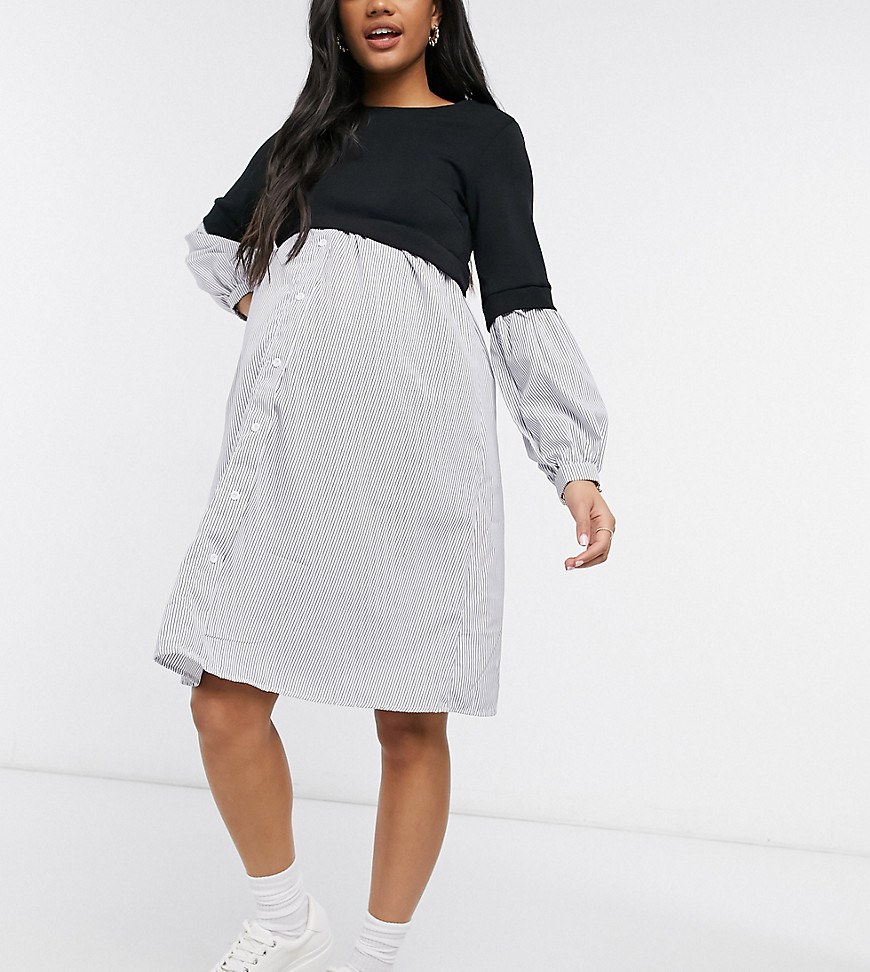 Mamalicious Maternity combi shirt dress in black and white stripe-Multi