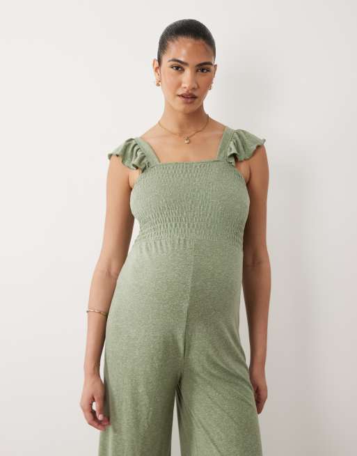 Mamalicious Maternity - Combinaison ample en jersey avec buste froncé et bretelles à volants - Kaki, 3 de 4
