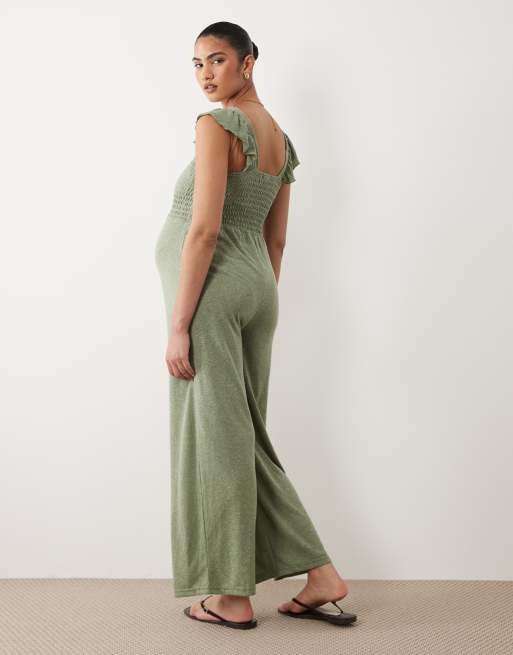 Mamalicious Maternity - Combinaison ample en jersey avec buste froncé et bretelles à volants - Kaki, 4 de 4