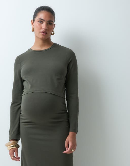 Mamalicious Maternity - Completo con top a maniche lunghe e gonna midi in jersey verde scuro, 2 di 4