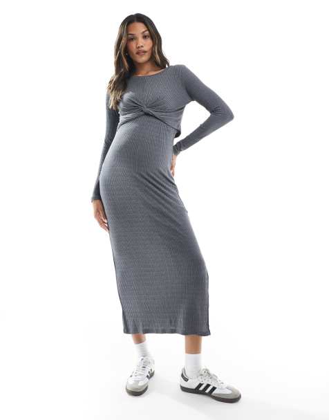 Mamalicious Maternity - Completo in jersey a coste grigio mélange con top annodato sul davanti e gonna - view 1