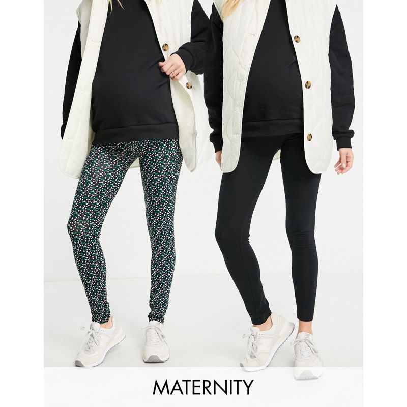 wkhvm Pantaloni e leggings Mamalicious Maternity - Confezione da 2 paia di leggings in jersey nero tinta unita e con stampa 