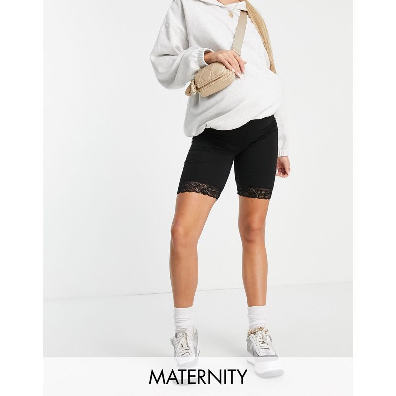 Donna Pantaloncini leggings Mamalicious Maternity - Confezione da due paia di leggings corti neri con bordi in pizzo