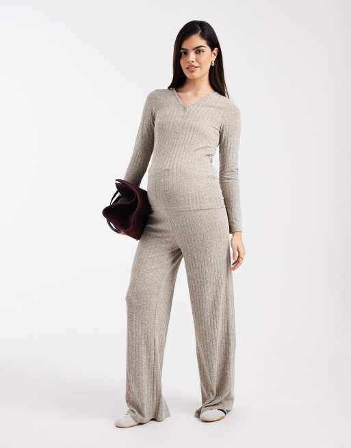 Mamalicious Maternity - Coordinato color kaki con top a maniche lunghe a 2 funzioni con bottoni sul davanti per l'allattamento e pantaloni con fascia sopra il pancione